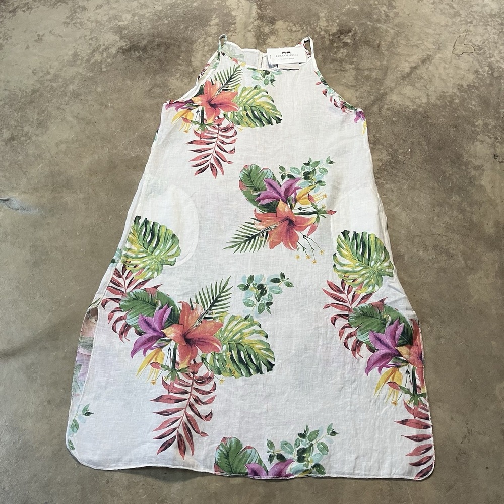 Lungo L'arno Linen Dress Womens Size Large White Floral Midi Coastal‎ Beach